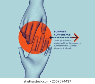 Business event invitation template. Hands reaching towards each other. Concept of human relation, togetherness or  partnership. Vector for an online course, seminar, webinar, advert or presentation.