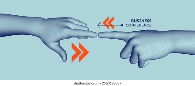 Business event invitation template. Hands with index fingers in mirror position reaching towards each other. Partnership Concept. Vector for an online course, seminar, webinar, advert or presentation.