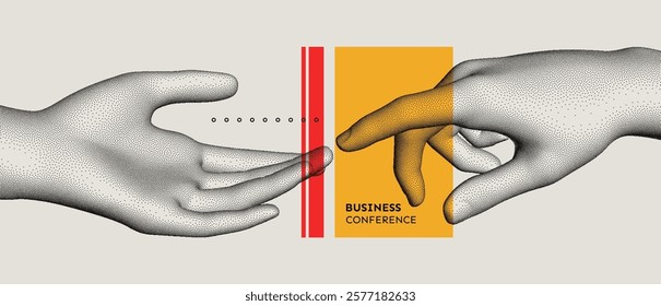 Business event invitation template. Hands with index fingers in mirror position reaching towards each other. Partnership Concept. Vector for an online course, seminar, webinar, advert or presentation.