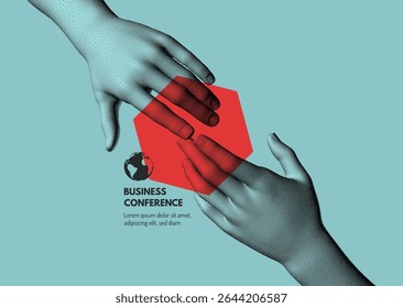 Business Event Invitation Template. Hands reaching towards each other with index fingers. Concept of relationship, unity, partnership or contact. Vector for online course, conference, webinar, webinar