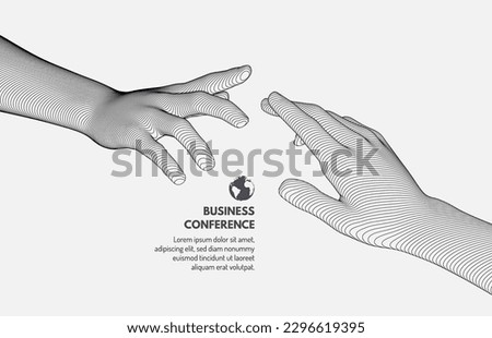 Business event invitation template. Hands reaching towards each other. Concept of human relation or partnership. Illustration for online courses, master class, seminar, presentation or webinar.