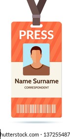 Business event press pass id badge card flat style design vector illustration with text isolated on white background.