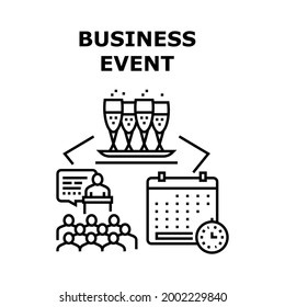 Business Event Vector Icon Concept. Conference And Presentation Meeting, Corporate Party And Festival Lunch Banquet Business Event. Company Anniversary Celebration Black Illustration