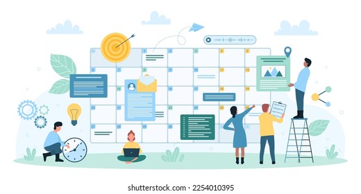 Business events organization, time management vector illustration. Cartoon busy tiny people organize daily tasks with schedule and calendar, employees work with reminder and notes in timetable