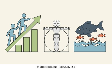 Business evolution concepts including financial growth progress, human robotic design, and market competition of fish.
