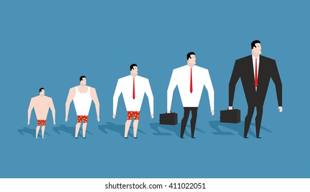 Business evolution. development of simple worker in pants to boss in suit. Formation of businessman in his career. Achieving status of company
