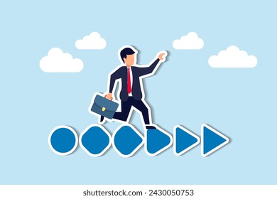 Business evolves, implementing plan for progress, growth, and transformation concept, confidence businessman business owner walk on circle transform to triangle forward arrow.