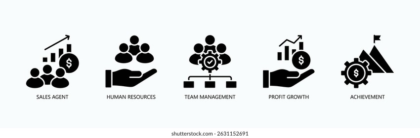 Business Excellence Icon Set Isolated Vector With Icon Of Sales Agent, Human Resources, Team Management, Profit Growth, Achievement In Glyph Style