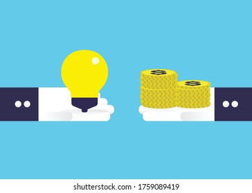 Business exchange stack of coins and light bulb on big hand. Flat design style vector concept