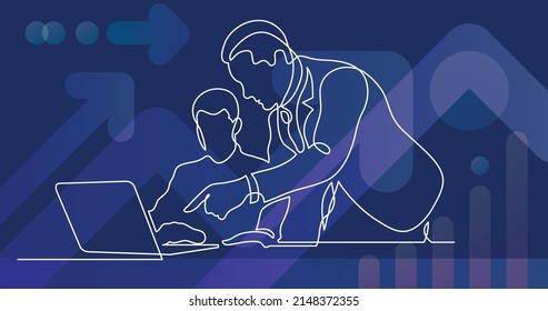 business execitive shows work directions to office worker on laptop computer continuous line drawing