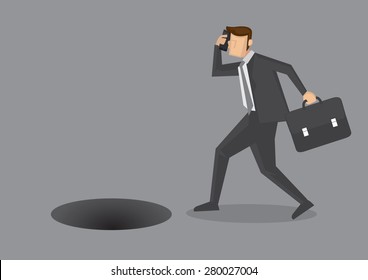 Business Executive Too Busy Talking Into Mobile Hole To Notice Manhole In Front Of Him. Conceptual Vector Cartoon Illustration Isolated On Grey Background.