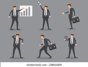 Business executive with chart, money, briefcase, mobile phone and digital tablet. Set of six vector characters isolated on grey plain background