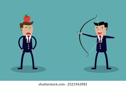 Business executive holding bow and arrow aiming to shoot at apple on another mans head. Vector illustration for business risk concept