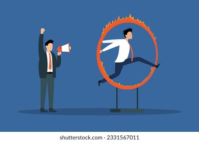 Business executive jumping through ring of fire as ordered by businessman yelling at a megaphone 2d vector illustration concept for banner, website, illustration, landing page, flyer, etc.