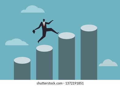 Business executive  jumps on top of pillars of increasing heights. Concept for growth graph