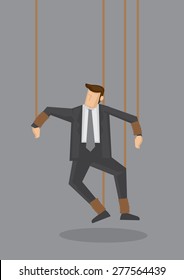 Business executive with legs and hands tied with strings like a puppet. Creative vector illustration for business concept isolated on grey background.