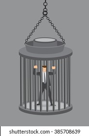 A business executive locked in a hanging cage. Cartoon vector illustration of concept of feeling trapped at work isolated on grey background.