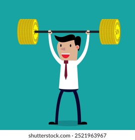 Business executive power lifting barbell made of golden coin. Vector illustration for business financial strength and financial health metaphor.