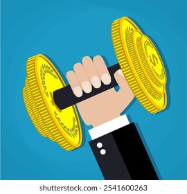 Poder ejecutivo del negocio que levanta la barra hecha de la moneda de oro. fortaleza financiera del negocio y salud financiera. Ilustración vectorial en diseño plano en fondo azul