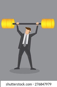 Business executive power lifting barbell made of golden bumper plates discs. Vector illustration for business financial strength and financial health metaphor.