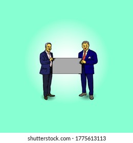 A Business Executive Presenting A Giant Blank Mock Cheque To Another Executive For The Concept Of Winner Award Presentation. Vector Illustration.