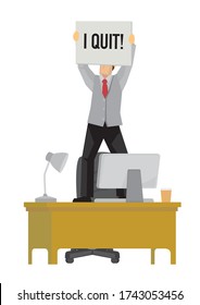 Business executive with Quiting signboard on top of his work desk. Concept of resignation, resignation, job corporate challenge and culture. Vector illustration.