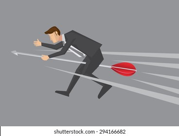 Business executive riding on a dart and speeding through the air. Creative vector illustration for wordplay on career and dart, with both meaning high speed.