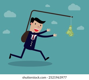 Business executive running after dangling dollar note in front of him. Creative vector cartoon illustration on self defeating method to achieve wealth concept