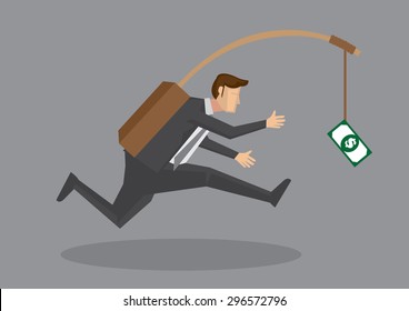 Business executive running after dangling dollar note in front of him. Creative vector cartoon illustration on self defeating method to achieve wealth concept isolated on grey background.