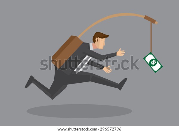 Business executive running after dangling
dollar note in front of him. Creative vector cartoon illustration
on self defeating method to achieve wealth concept isolated on grey
background.