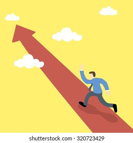 business executive running on on the pathway of red arrow toward the sky