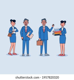 Business executive with a secretary. Secretary giving document folder to boss. Flat style cartoon vector illustration. 