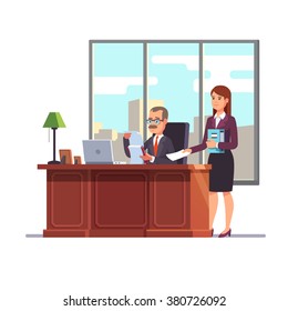 Business executive with a secretary at his desk giving a paper for a signature. Flat style modern vector illustration.