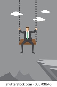 Business executive sitting on a swing over cliff of high mountains. Cartoon vector illustration of concept on being gutsy and audacious in business isolated on grey background.