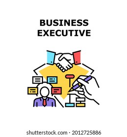 Business Executive Strategy Vector Icon Concept. Business Executive Strategy Planning And Developing Entrepreneur, Businessman Meeting With Partner And Signing Agreement Color Illustration