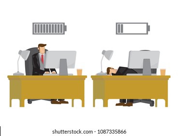 Business executive in suit with battery indicator to show his energy level, from fully charged to exhausted. Conceptual vector cartoon illustration isolated on white background.