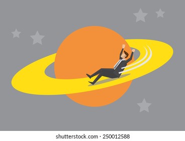 Business executive in suit having fun playing slide planetary ring on planet in outer space. Universal is the limit concept vector illustration.
