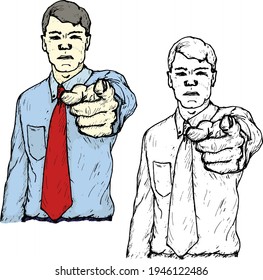 Business executive in tie pointing at you. Hand drawn vector illustration.