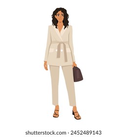 Business executive woman with curly hair style in jacket skirt power suit. Flat Vector Illustration isolated on White Background