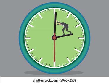 Business executive working hard to push back the minute hand on huge clock face. Creative vector cartoon illustration on time concept isolated on grey background.