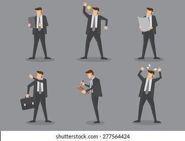 Business executives in black suit standing in different gestures. Vector cartoon characters illustration isolated on grey background.