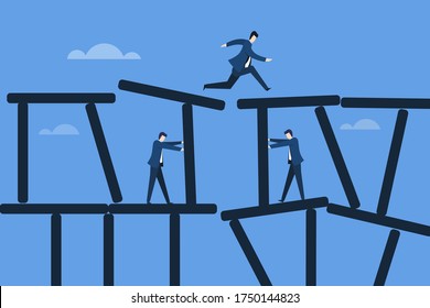 Business executives running fast on a collapsing structure.Concept of meeting the challenges in business.