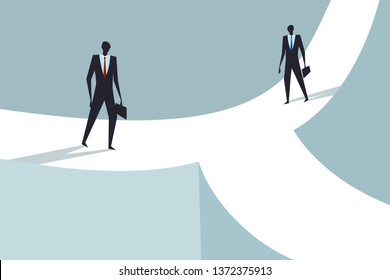 Business executives walk on narrow roads to  enter a merged broader one. Concept for business merger