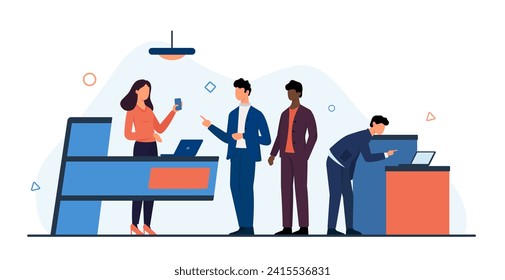 Business exhibition event with expo workers show demo products to visitors. People visit company exposition, exhibitors stand at counter for commercial presentation cartoon vector illustration