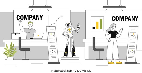 Business exhibition line. Company with graphs and diagrams. Bot and robot. Machine learning and artificial intelligence. People with start ups. Linear flat vector illustration