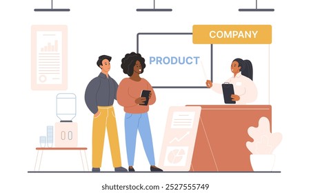 Business exhibition, promo advertising and information display on tradeshow event. Woman promoter with pointer showing commercial product presentation to visitors couple cartoon vector illustration