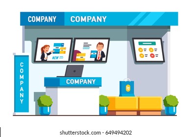 Business exhibition show product presentation & promotion booth design with company ad stand, reception counter desk, advertising screens. Flat style vector illustration isolated on white background.