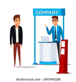 Business exhibition visitor flat illustration. Trade fair salesman near stand and customer talking cartoon vector characters. Job fair. Businessmen communication isolated clipart on white background
