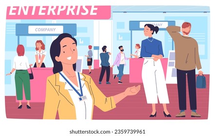 Business exhibition visitors. Customers visit expo center product tradeshow or job fair in corporate company, worker show booth with project information, vector illustration of exhibition show event