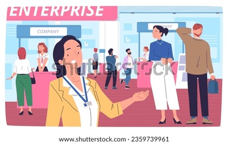 Business exhibition visitors. Customers visit expo center product tradeshow or job fair in corporate company, worker show booth with project information, vector illustration of exhibition show event